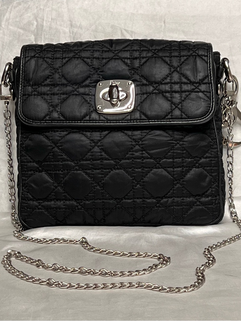 Authentic Christian Dior Black Cannage Quilted Nylon and Leather Crossbody Bag